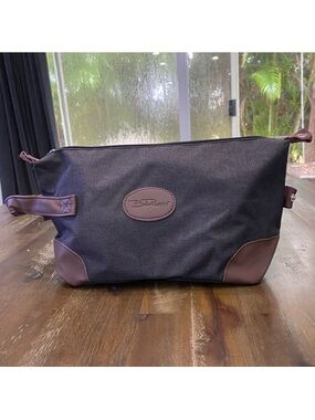 Bella Russo gray and brown canvas small toiletry zip up travel bag NEW